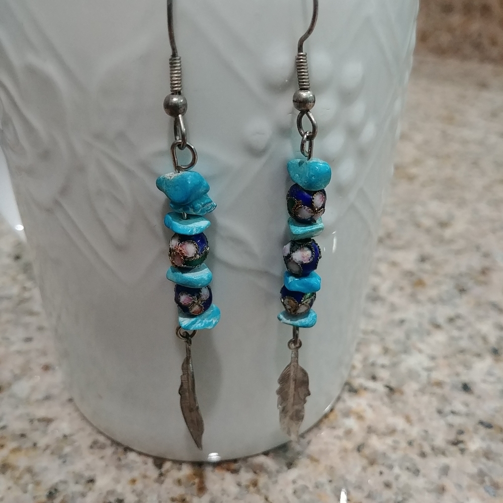 Dangling Earrings with blue beads & Metal Feathers